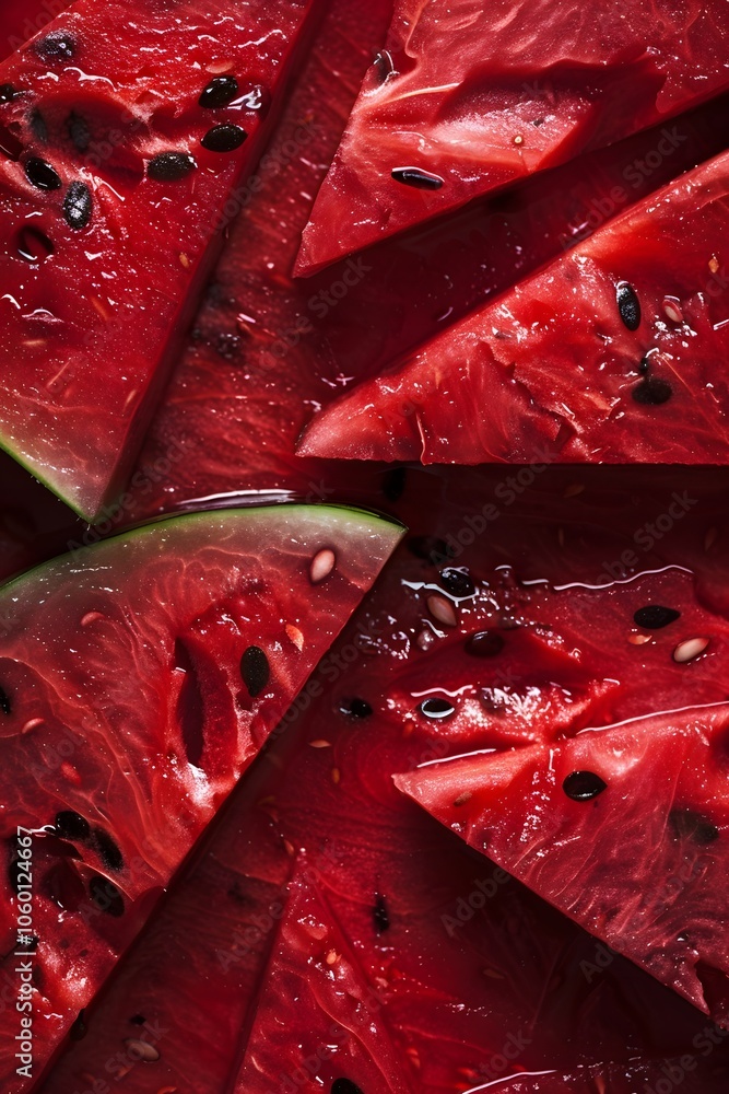 Poster close-up of juicy watermelon slices arranged in a visually appealing pattern.