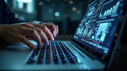 Close-up view of professional working on laptop with data analytics, business graphs on screen in dark office, concept of technology in finance and marketing