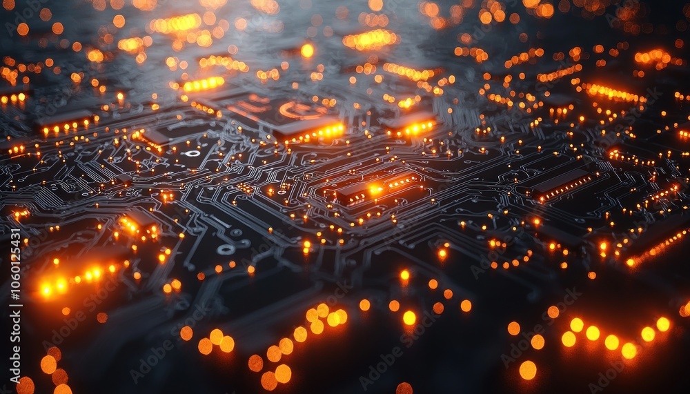 Aufkleber Close-up of an Illuminated Circuit Board with Intricate Pathways