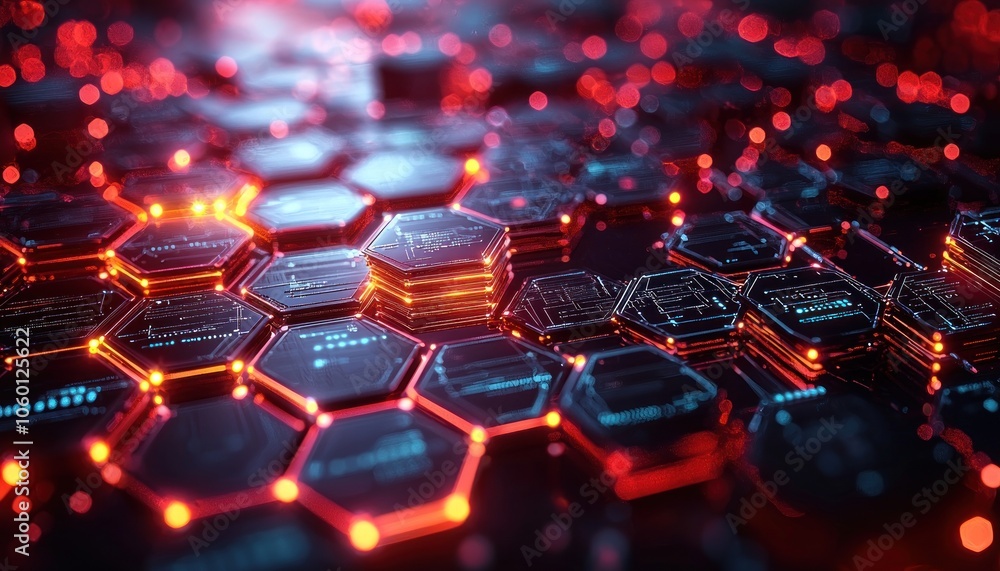Poster abstract hexagon pattern with glowing red and blue lines