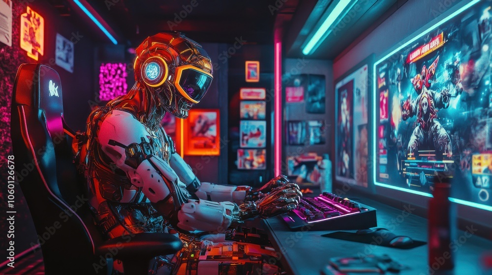 Poster a futuristic robot gaming in a neon-lit room with a high-tech setup.