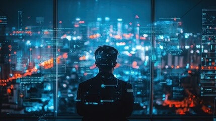 Silhouette of a Man Against Futuristic Cityscape