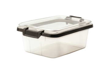 Transparent storage container with a black lid, ideal for organizing and storing items.