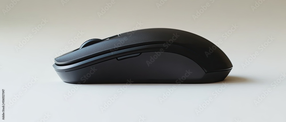 Poster side view of a black wireless computer mouse.