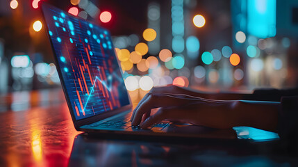 individual using a laptop with overlaying digital financial graphs, representing data analysis or stock market concept on a dark, bokeh background