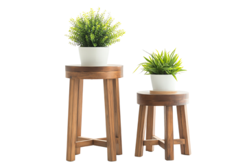 Two stylish planters with lush green plants on wooden stools, perfect for home decor or interior design inspiration.