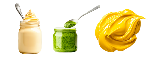Creamy mayonnaise, mustard and green pesto garnished with fresh green herbs, making it perfect for dips or sauces, isolated on white transparent background.