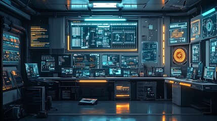 Modern high-tech workspace with individual programming a robot with digital circuit and tech interfaces