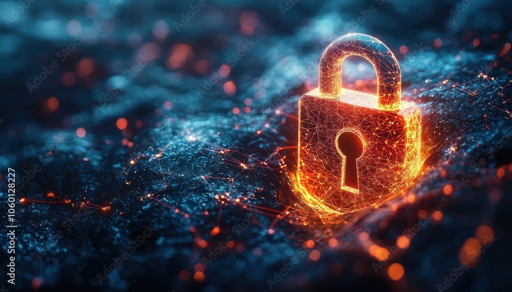 Poster Glowing Padlock with Abstract Network Pattern on Dark Background