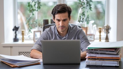 Fototapeta premium Freelancer Engages with Laptop in Modern Office Setting