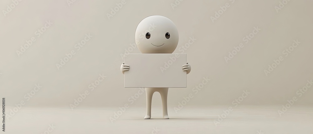 Poster A simple white 3D character smiles and holds a blank white sign in front of a plain background.