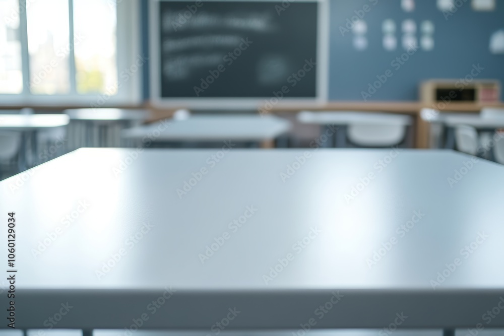 Poster empty white countertop in a classroom setting with chalkboard, chairs, and desks in view