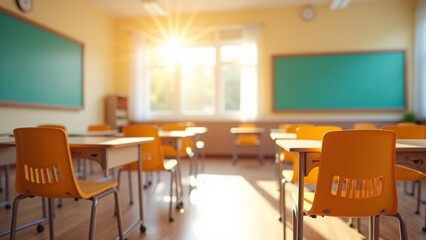 Bright morning light flooding an empty classroom with yellow chairs and green chalkboards in a peaceful learning environment