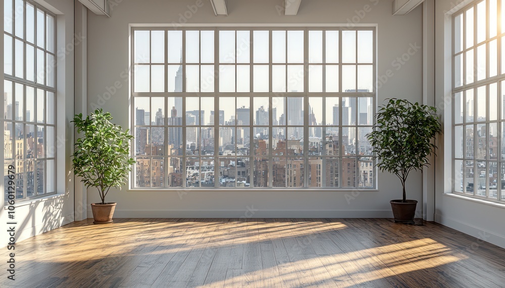 Poster Empty Room with Large Window Offering Cityscape View