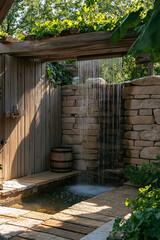 Naklejka premium Illustration of a small outdoor wooden bathroom with stone walls and a waterfall. There are wooden planks and a rain barrel hanging from the roof. , Wooden house in the garden