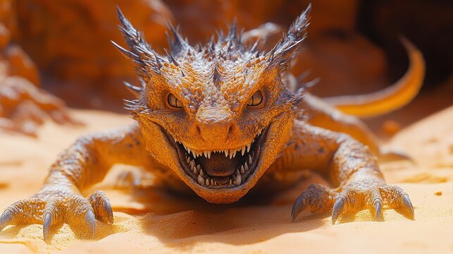 A fierce, orange, reptilian dragon with sharp claws and teeth snarls in a desert environment.