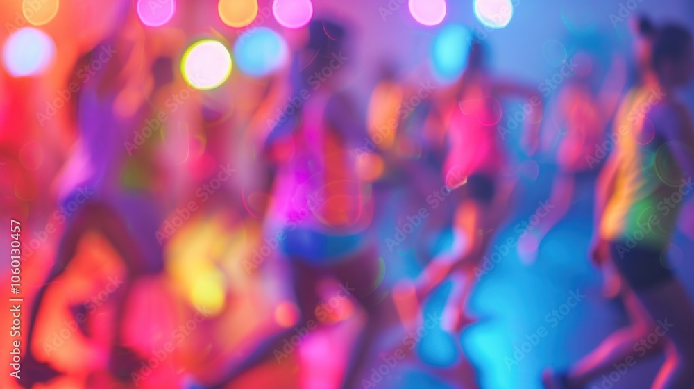 Poster defocused image of a zumba class the neon lights and energetic music adding to the blurred effect.