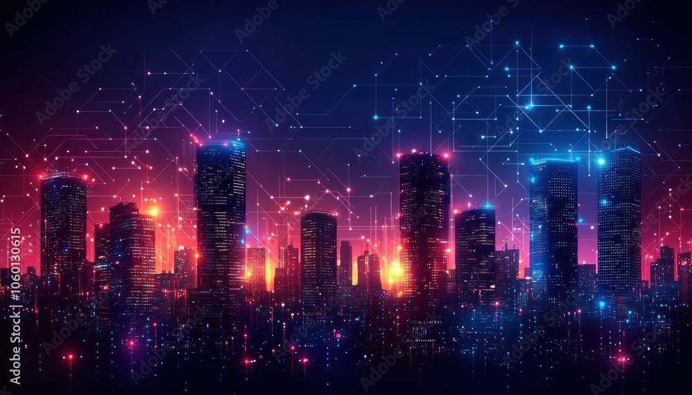 Poster neon cityscape with interconnected network of digital lines