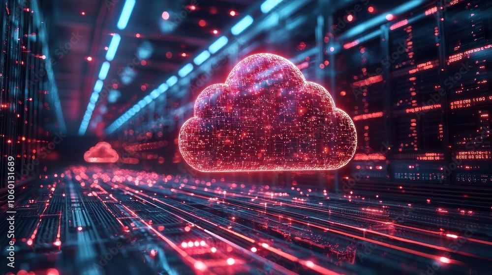 Aufkleber a glowing red cloud icon in a server room with glowing red lines