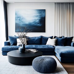 Scandinavian interior design of modern living room. Modern blue sofa with cushions and contemporary black round coffee table in a well-lit stylish living room,


