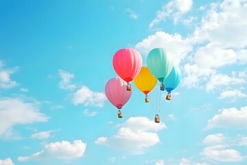 Fototapeta premium Colorful hot air balloons soar above a bright blue sky filled with fluffy clouds