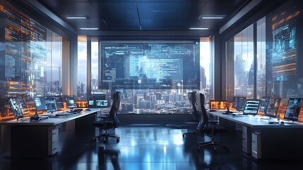 Clean modern office environment featuring individual coding a robot with digital circuits and tech displays