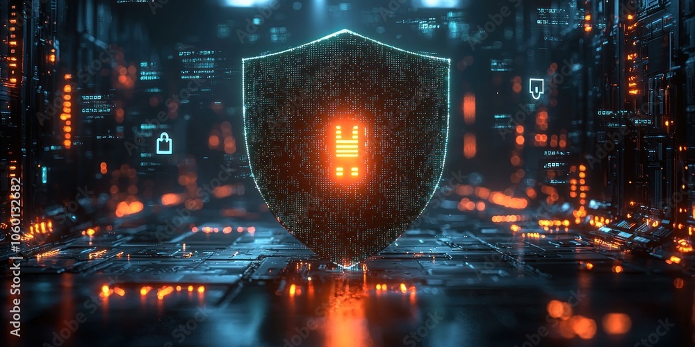 Aufkleber a glowing shield composed of digital pixels stands over a futuristic network of circuitry.