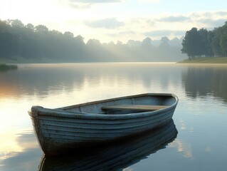 Obraz premium Rowboat on a calm lake during early morning light.