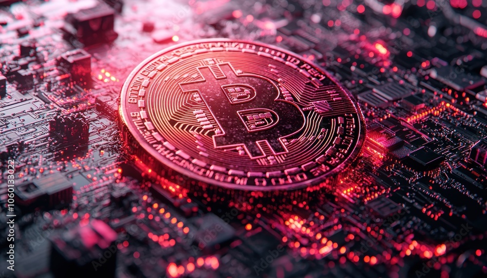 Poster A Bitcoin Coin Resting on a Red Circuit Board