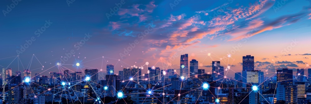 Poster outdoor photo of image of a small city skyline showing networking connections in the sky that link t