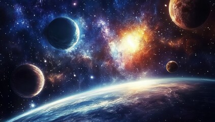 Space Galaxy with Stars, Nebulas, and Planets in a Vast Universe Background