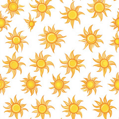 Bright pattern of smiling yellow suns on a white background, creating a lively, cheerful design. Ideal for kids' items, wallpapers, or summery decorations.