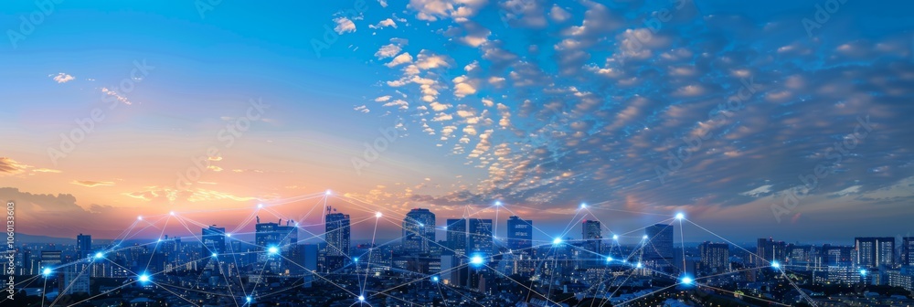 Poster outdoor photo of image of a small city skyline showing networking connections in the sky that link t