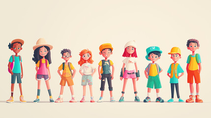 Fototapeta premium A diverse group of children standing together in colorful summer outfits. The image portrays unity, fun, and friendship, ideal for educational or community concepts.