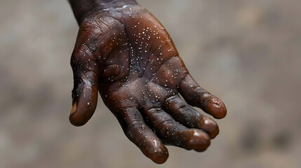 Naklejka premium Close up of a black persons hand showing symptoms of monkeypox disease