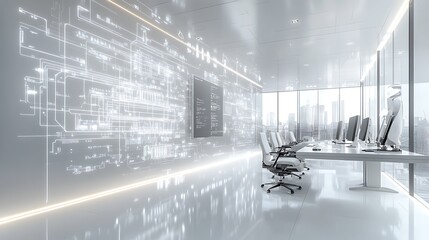 Obraz premium Futuristic office environment where individual programs a robot with illuminated circuits and high-tech digital displays