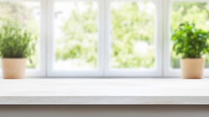 Fototapeta premium Free space countertop background on blurred kitchen window interior