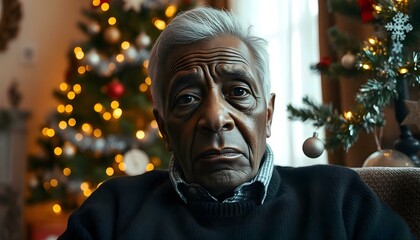 Lonely sad senior elderly black man sitting alone at christmas time, isolation solitude and loneliness concept