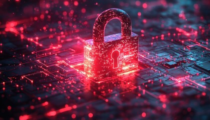 Glowing Red Padlock on a Circuit Board with Red Lights