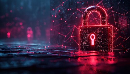 Glowing Red Padlock with Digital Network Background