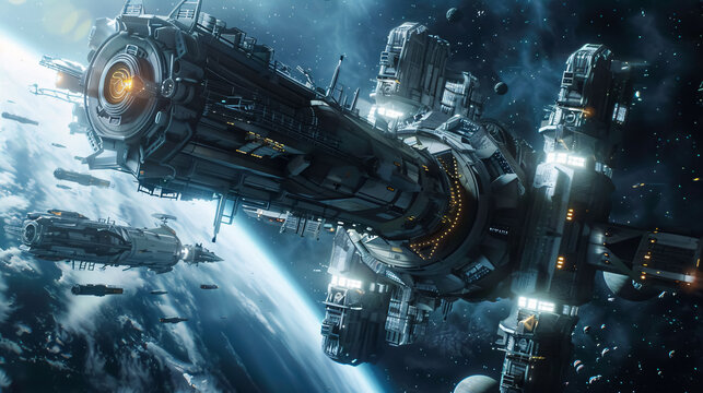 A futuristic space station orbiting a distant planet, featuring sleek metallic structures and glowing lights.