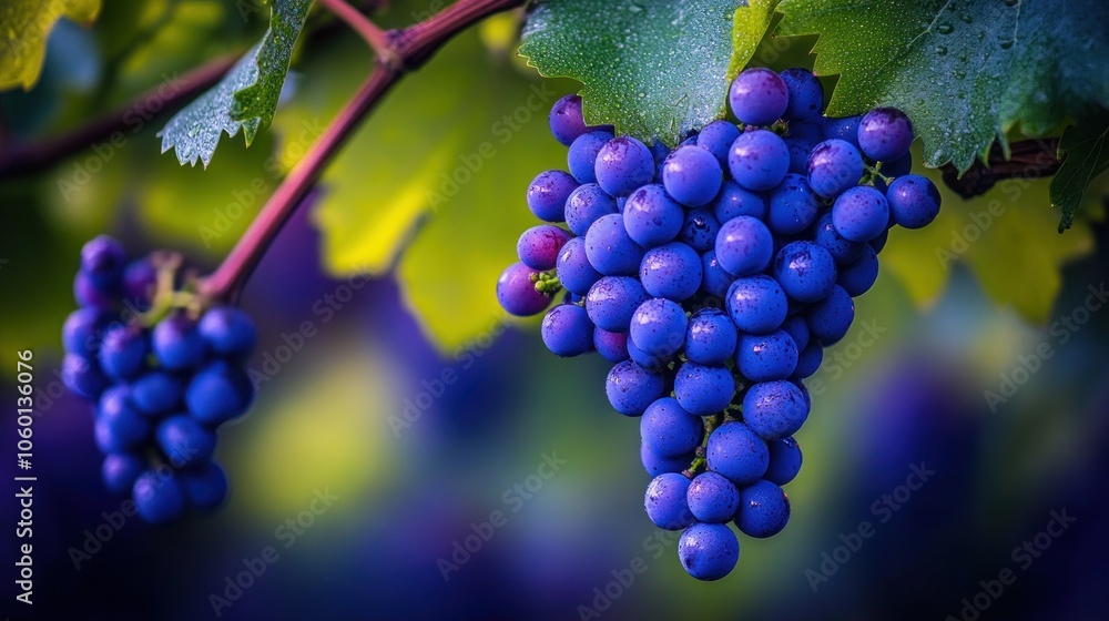 Poster a close-up of two clusters of ripe red grapes hanging from a vine.