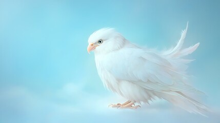 A majestic white bird stands gracefully against a soft blue background capturing the serenity of nature in its pure form