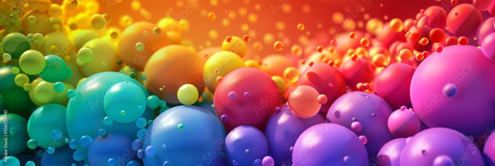 Poster rainbow of colored balls waving from left to right, multiple size of balls, abstract vector backgrou