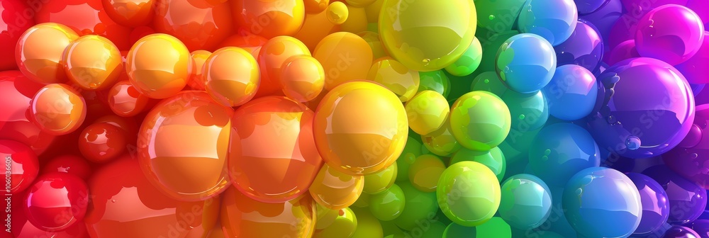 Poster rainbow of colored balls waving from left to right, multiple size of balls, abstract vector backgrou