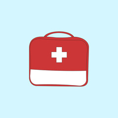 Obraz premium First aid kit bag vector illustration. Health assistance, healthcare equipment. Help and medical diagnostics concept. 