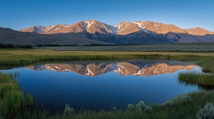 A tranquil pond reflects a majestic mountain range in the early morning light.