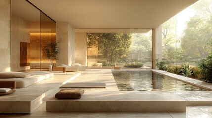 Fototapeta premium Modern serene indoor pool area with natural light and greenery.