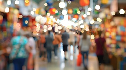 Fototapeta premium Fuzzy views of bustling crowds and colorful displays at a lively and vibrant craft fair.