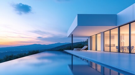 Fototapeta premium Modern House with Infinity Pool and Scenic Sunset View